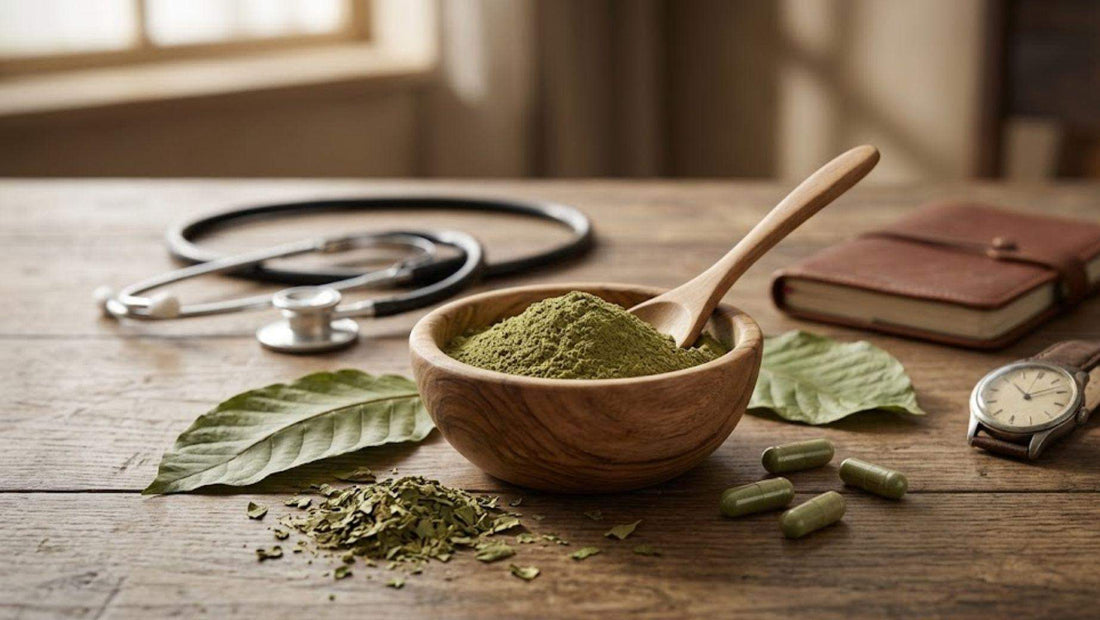Bowl of kratom powder with stethoscope and capsules on table