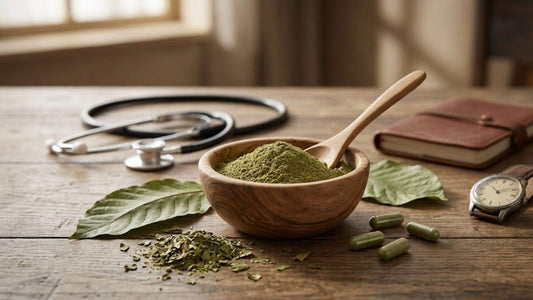 Bowl of kratom powder with stethoscope and capsules on table
