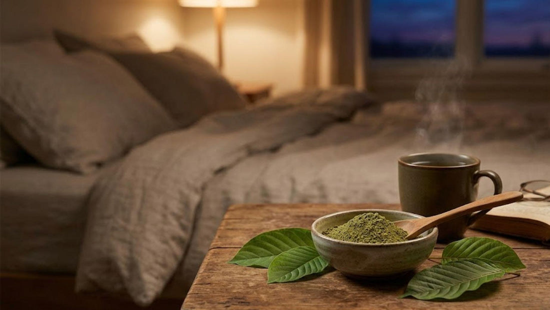 Bowl of kratom powder and tea on nightstand at night