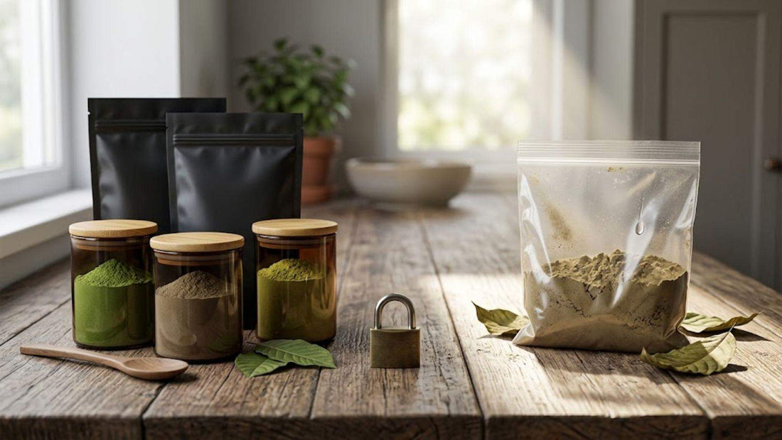 Jars of kratom powder with bag and padlock on wooden table