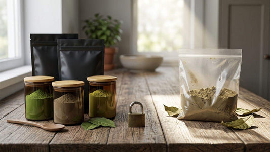 Jars of kratom powder with bag and padlock on wooden table