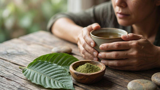 Person holding cup of kratom tea with leaf and powder bowl