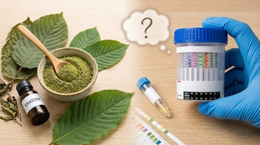 Drug test kit next to kratom powder and question mark