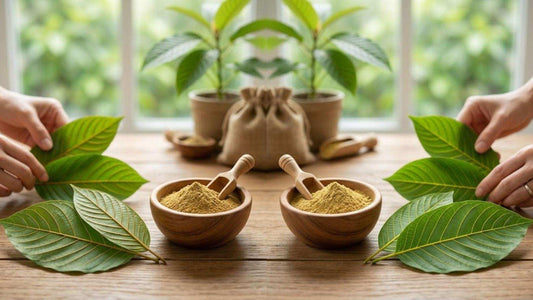 Hands holding kratom leaves around bowls of gold powder