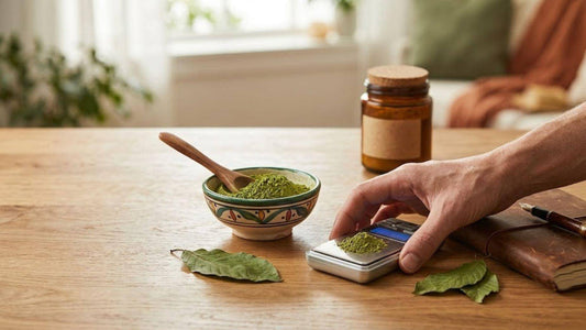 Hand using digital scale with kratom powder in bowl