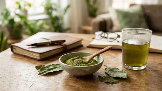 Bowl of kratom powder and tea on wooden desk