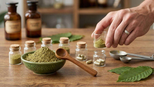 Hand measuring kratom powder into glass jars with capsules