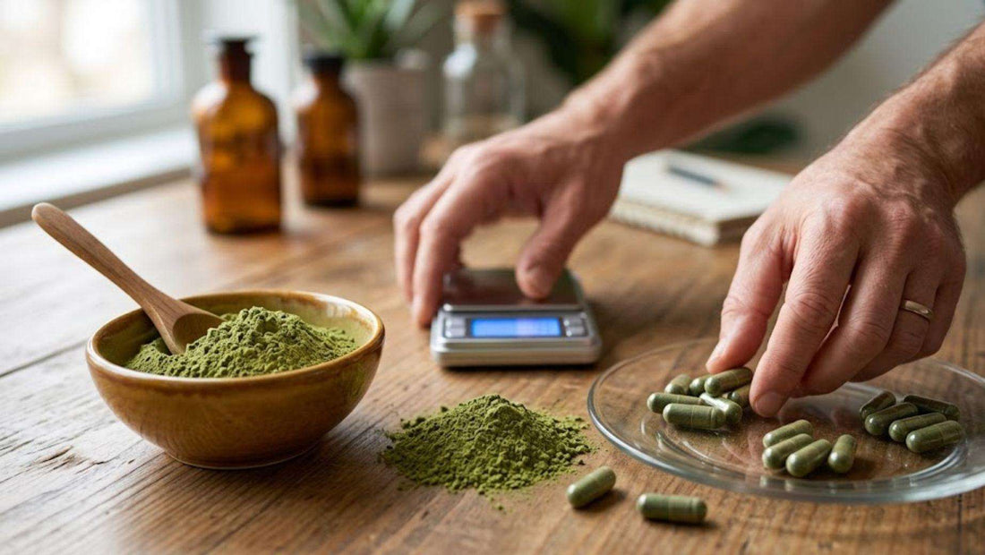 Hands filling kratom capsules with digital scale
