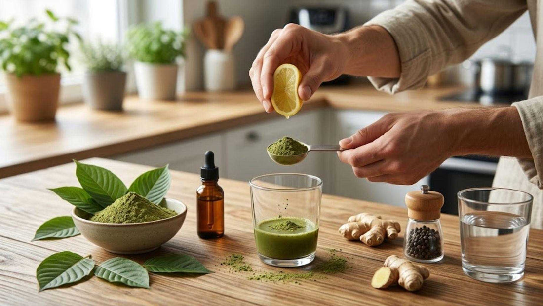 Hand squeezing lime into glass of kratom powder