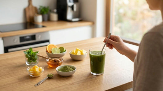 Person stirring kratom drink with citrus and honey bowls