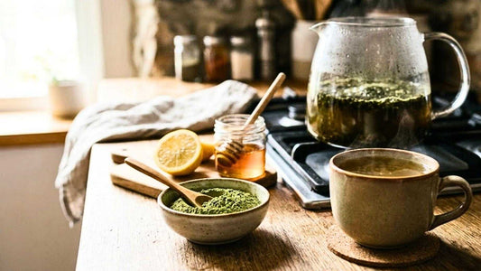 Glass teapot brewing kratom tea with lemon and honey