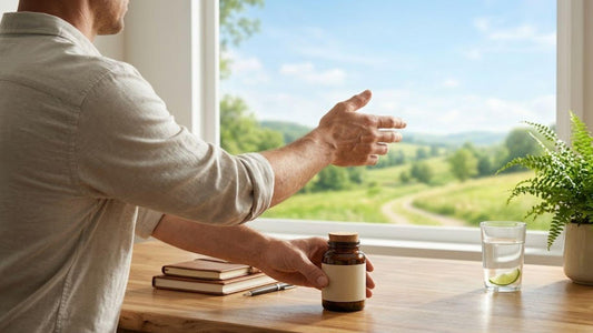 Man pushing away jar of kratom powder on table