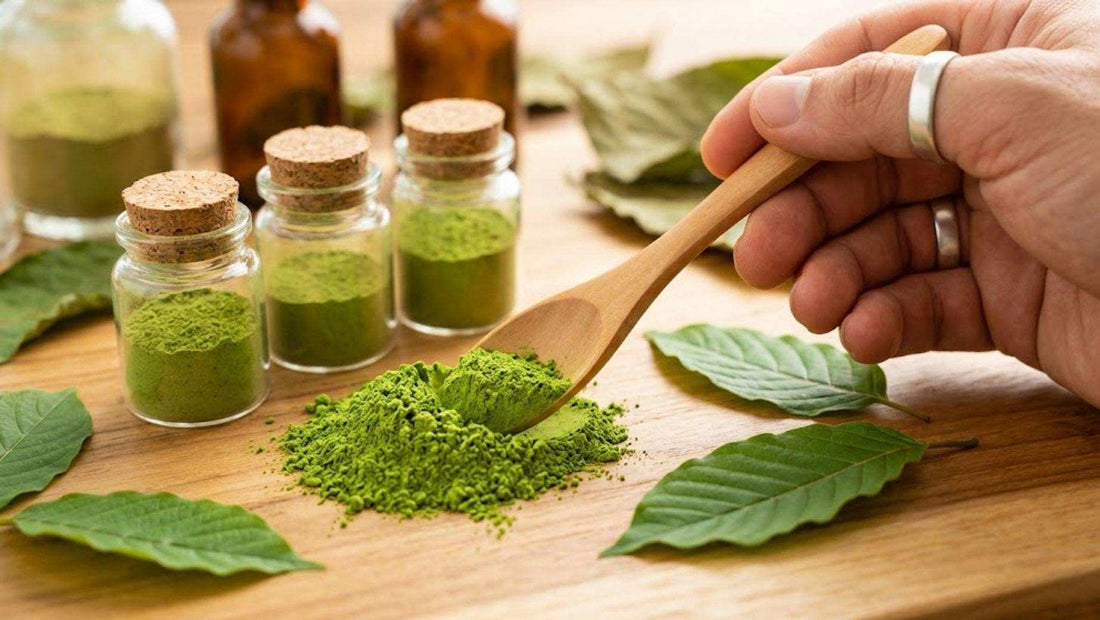 Hand scooping kratom powder into glass bottles with leaves