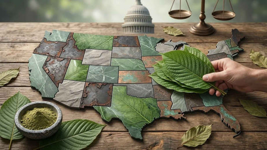 US map made of kratom leaves with capitol building and scales