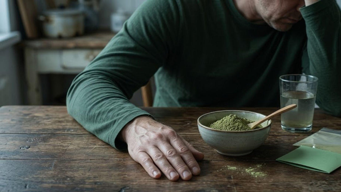 Man sitting at table with bowl of kratom powder and water