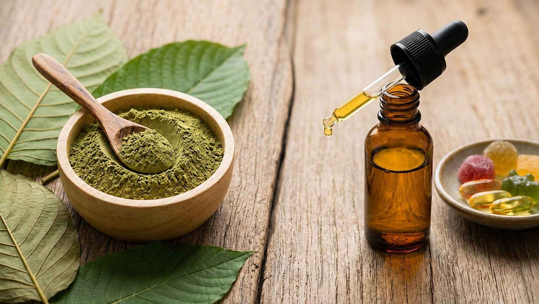 Bowl of kratom powder next to CBD oil dropper bottle