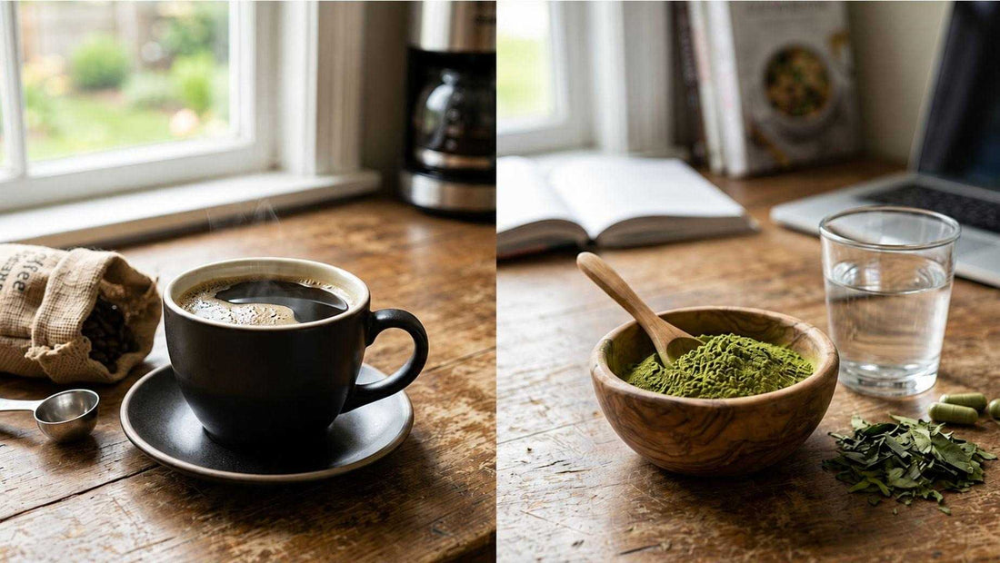 Cup of coffee next to bowl of kratom powder