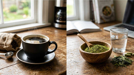Cup of coffee next to bowl of kratom powder