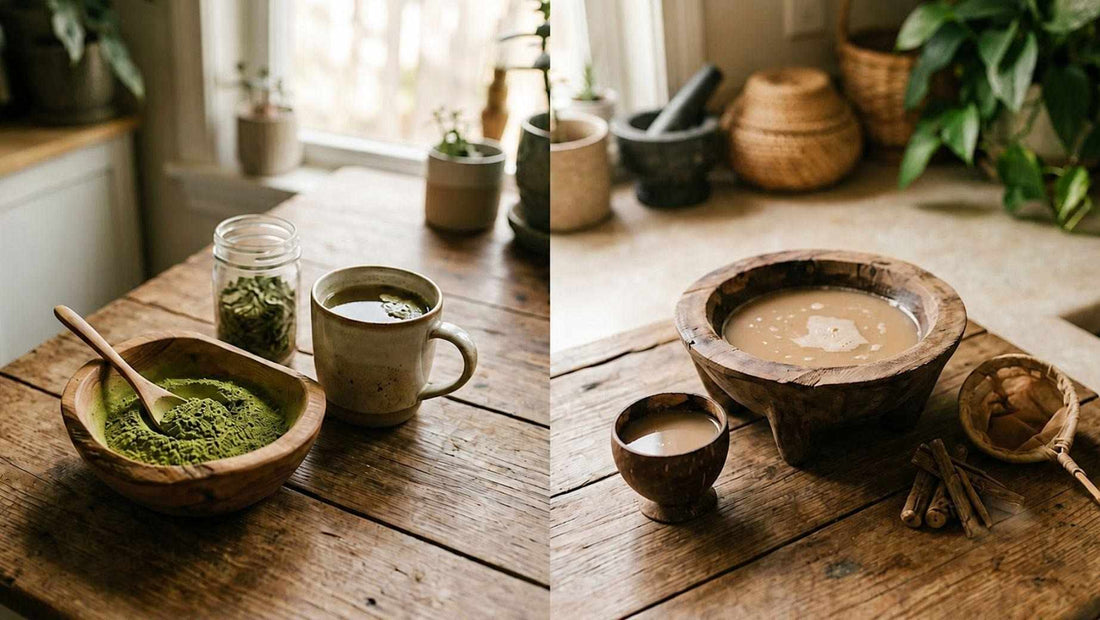 Bowls of kratom and kava drinks side by side
