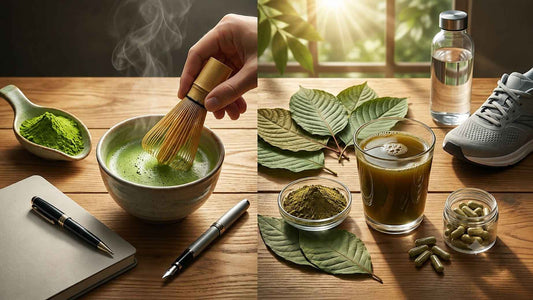 Whisking matcha next to kratom powder and leaves