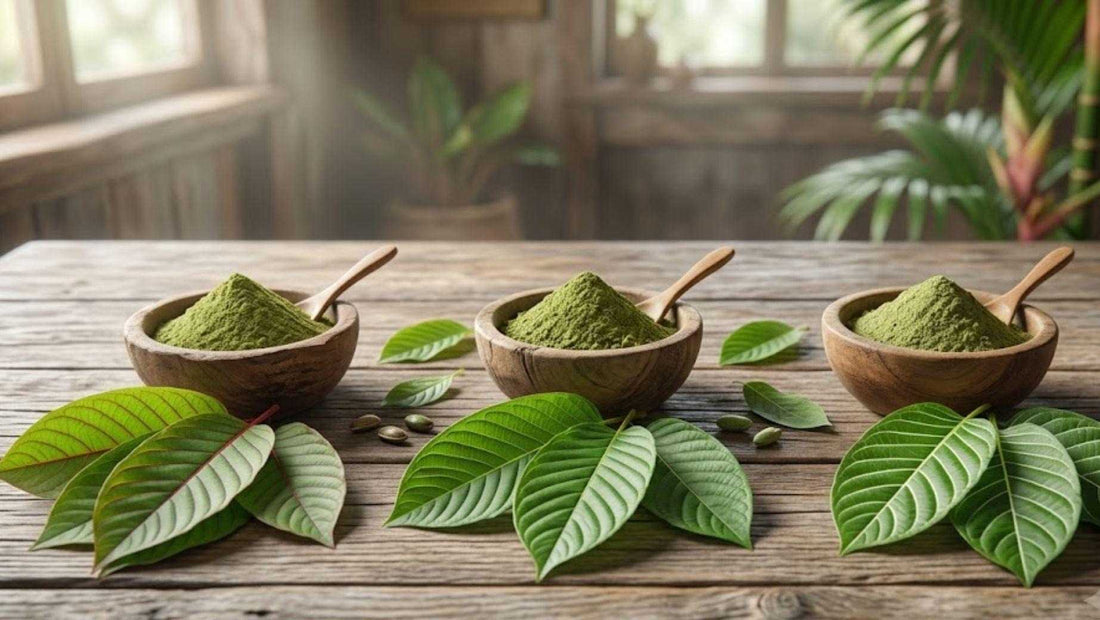 Three bowls of kratom powder with leaves on table