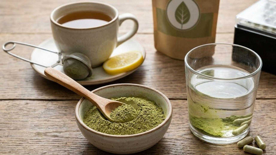 Bowl of kratom powder with tea, lemon, and glass of water