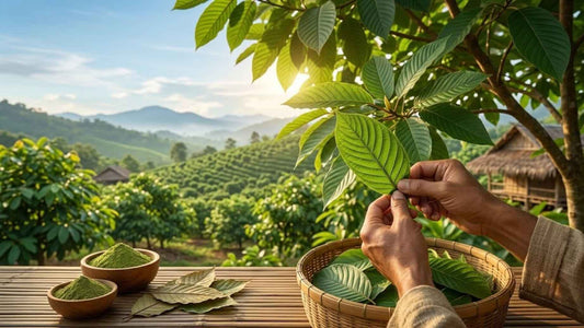 Hands picking kratom leaves on plantation with powder bowls