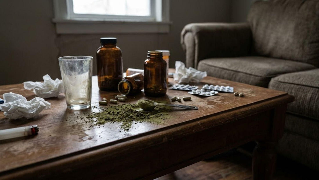 Messy table with kratom powder, bottles, and used tissues