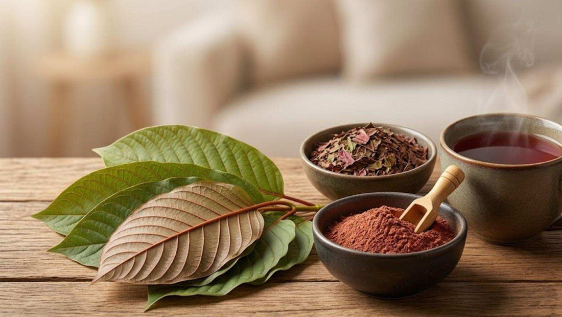 Kratom leaves with red powder bowl and tea