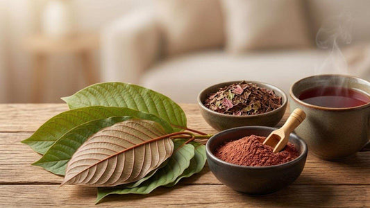 Kratom leaves with red powder bowl and tea