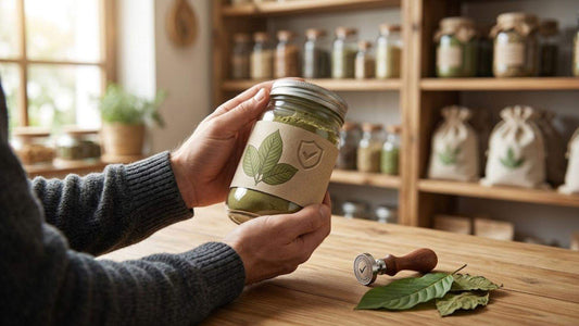 Hands holding sealed jar of kratom powder with leaf stamp