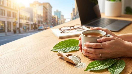 Hands holding coffee cup with white kratom powder scoop