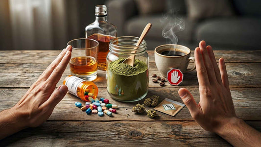 Hands blocking alcohol, pills, and kratom powder jar