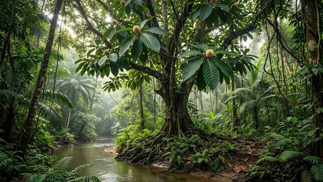Kratom trees growing along a jungle river
