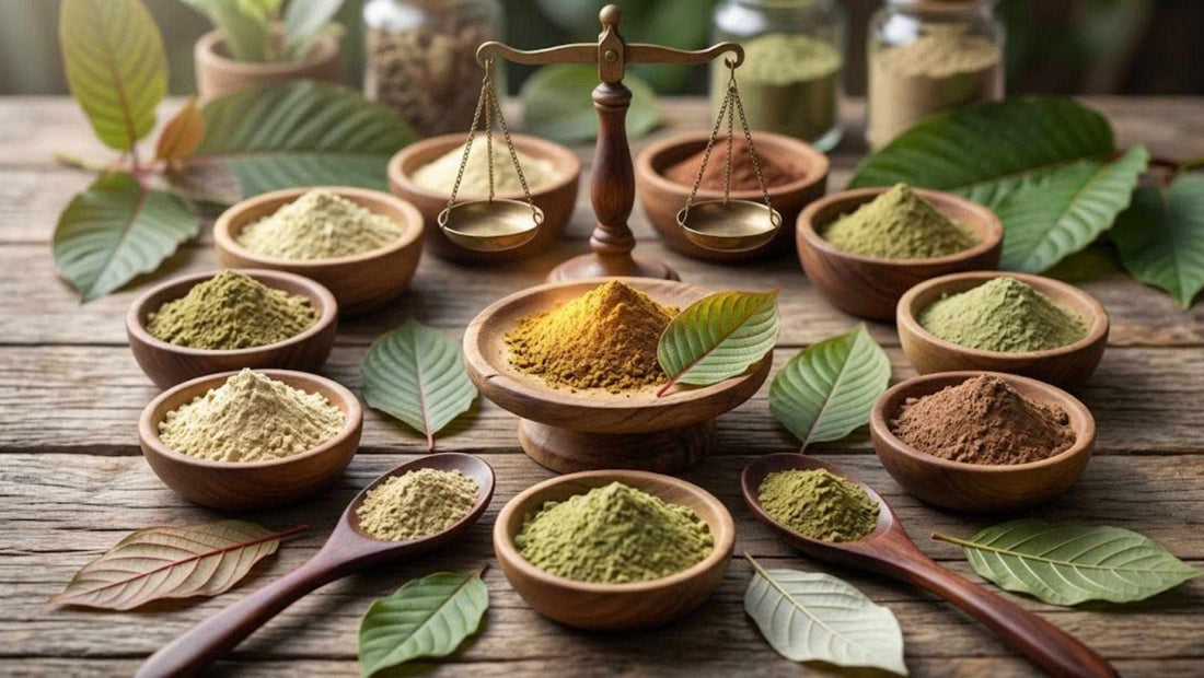 Bowls of different colored kratom powder on wooden table