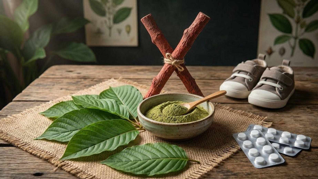 Red X sticks over kratom powder bowl with baby shoes and pills