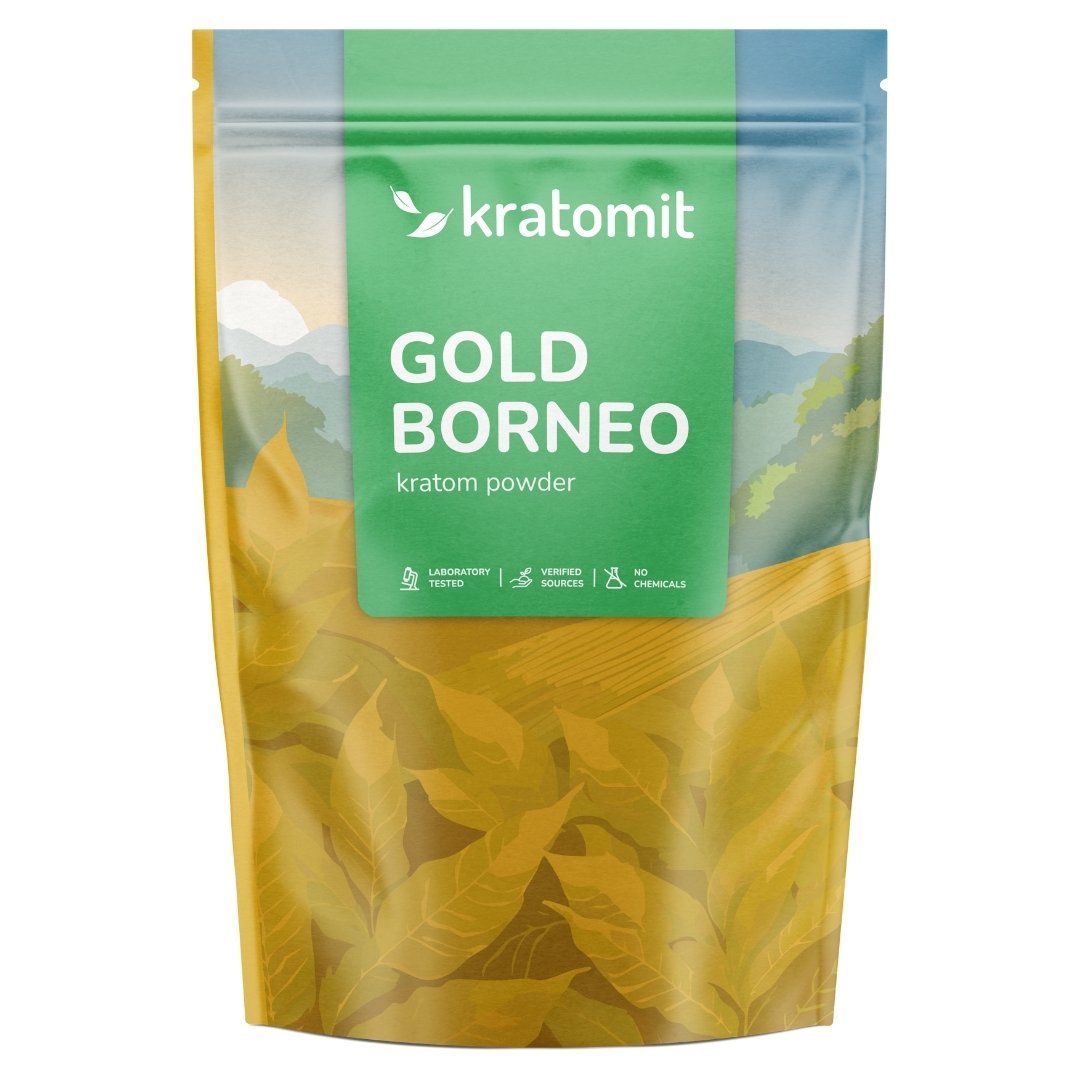 Gold Borneo kratom powder in resealable Kratomit pouch