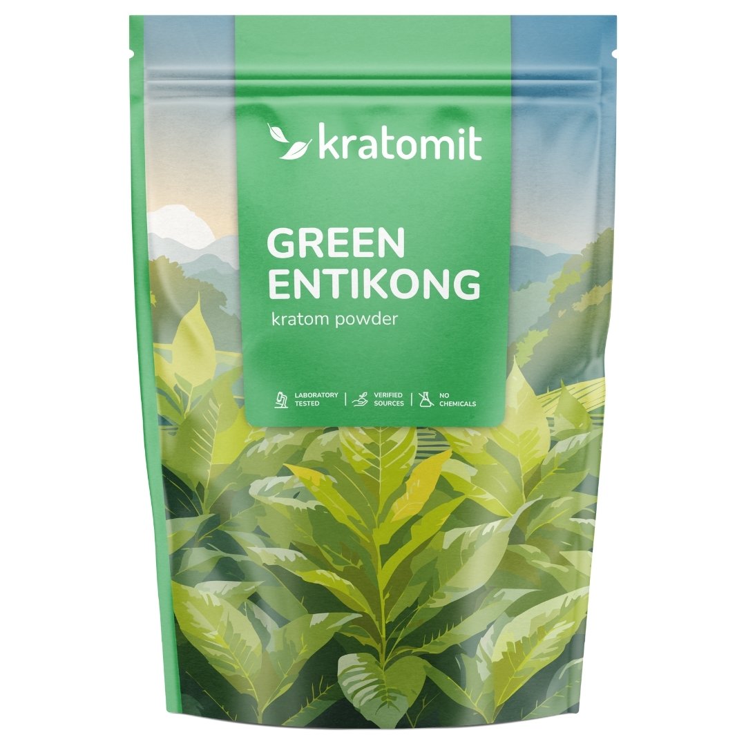 Green Entikong kratom powder in resealable Kratomit pouch