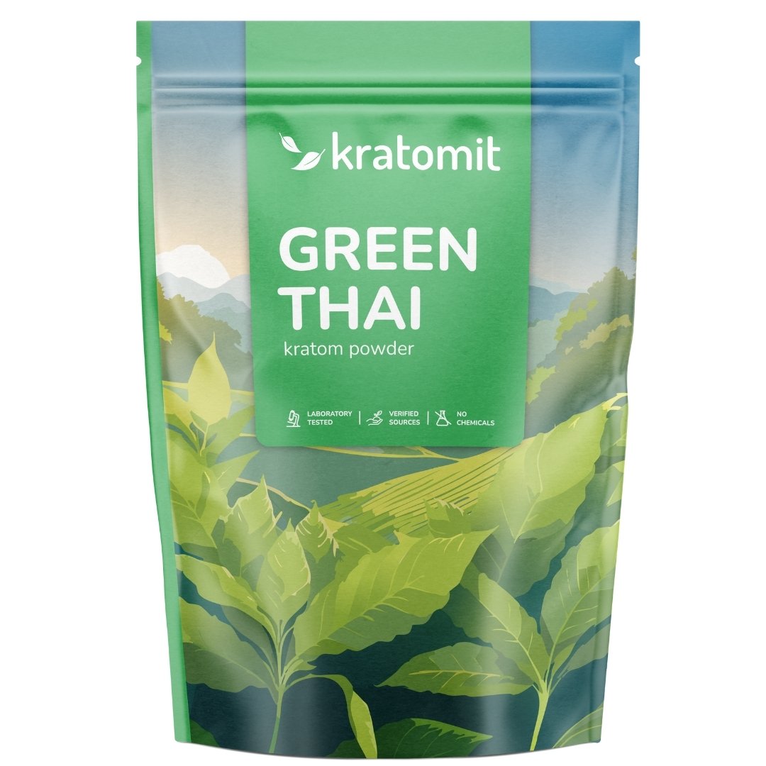Green Thai kratom powder in resealable Kratomit pouch