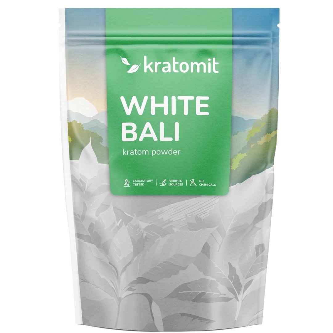 White Vein Bali kratom powder in resealable Kratomit pouch